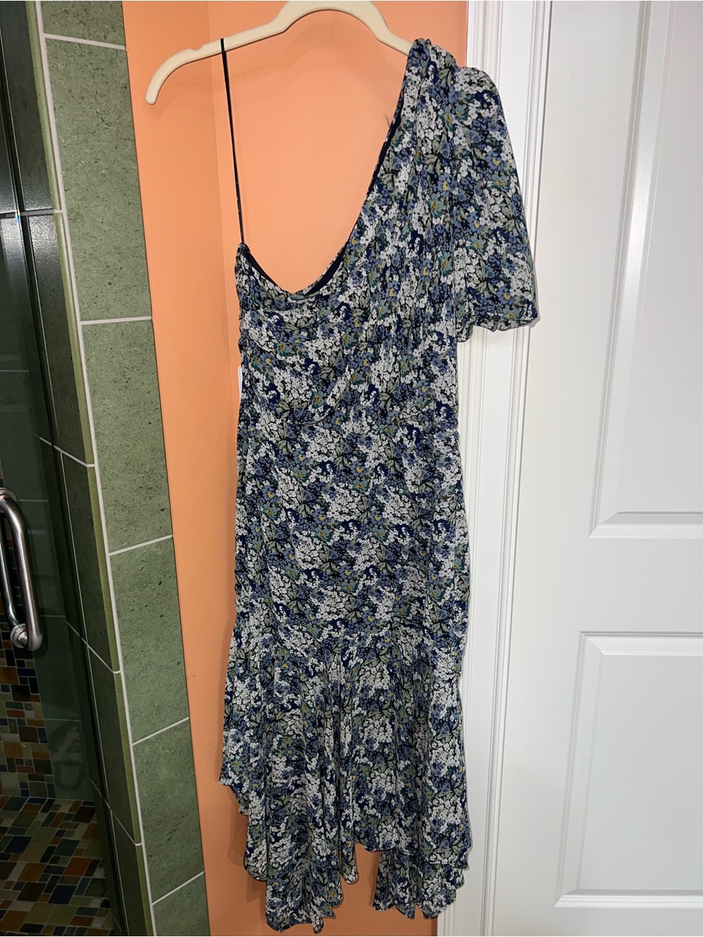 Astr One-Shoulder Floral Midi Dress in Blue and White